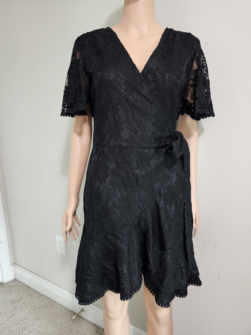 Black Lace Wrap Mini Dress with Tie Waist